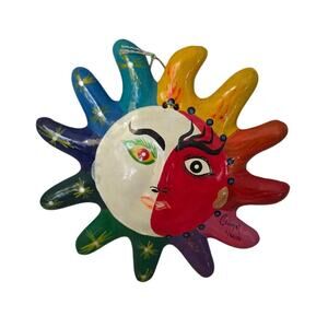 Hand-Painted Clay Pottery Sun Face Mexican Terracotta Wall Art Cozumel Souvenir